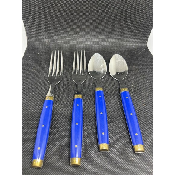 Andre Verdier Like FranceFlatware Set Blue AcrylicHandles Brass Rivets VTG 4 Pc - Picture 1 of 12
